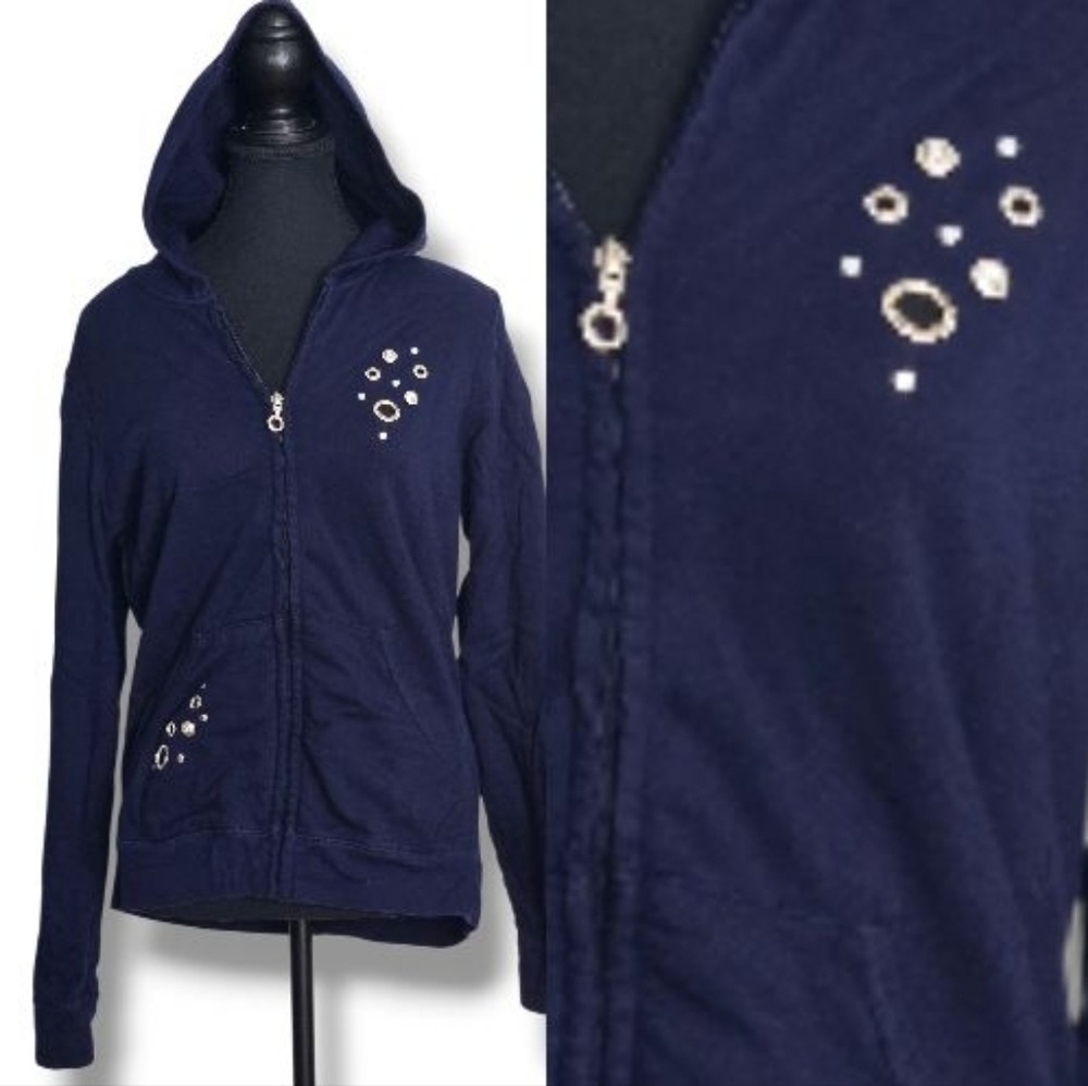 Navy Zip Hoodie, Evrissa, Rivet & Eyelet Detail, Women's XL, Soft Cotton Blend